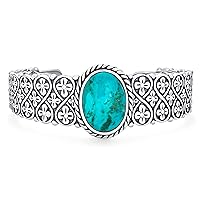 Bling Jewelry South Western Style Oval Cabochon Gemstone Flora Cross Infinity Lattice Turquoise Wide Cuff Bracelet For Women .925 Sterling Silver