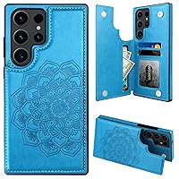 MMHUO for Samsung S23 Ultra Case with Card Holder,Flower Magnetic Back Flip Case for Samsung Galaxy S23 Ultra Wallet Case for Women,Protective Case Phone Case for Samsung Galaxy S23 Ultra 5G,Blue