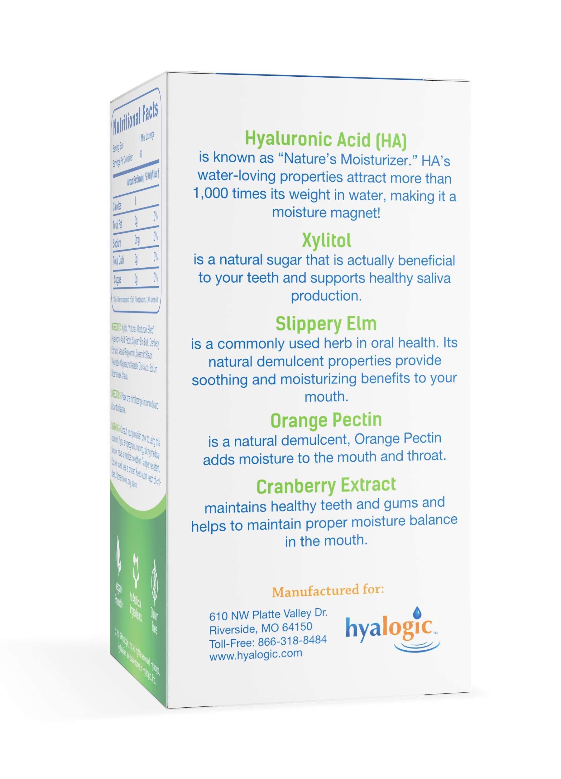 Hyalogic HyaMints Breath Mints for Dry Mouth- Sugar Free Mint Flavor— Natural Breath Freshener w/Hyaluronic Acid, Cranberry Extract, Xylitol, Slippery Elm, Orange Pectin (60 Count)