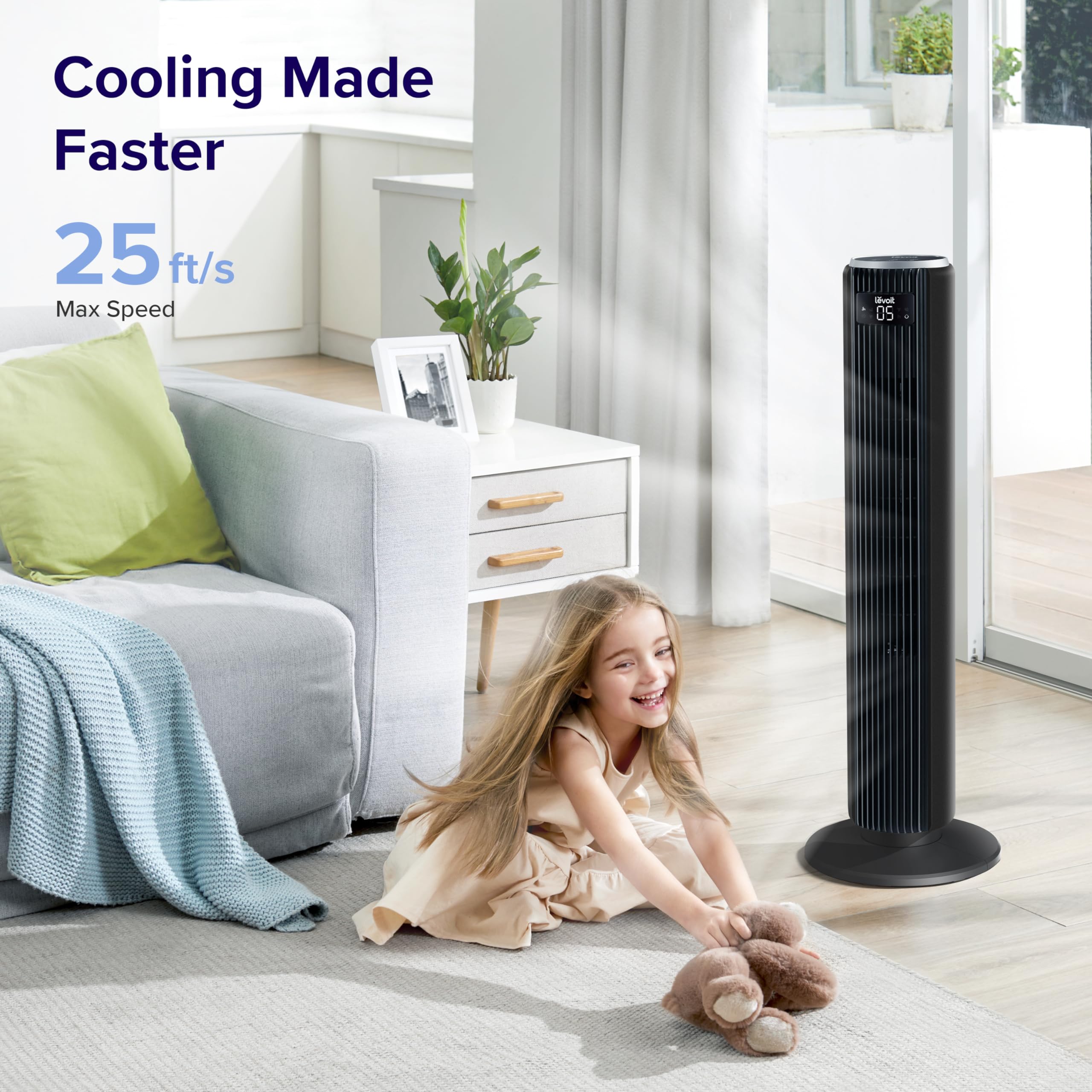 LEVOIT Tower Fan for Bedroom, 25ft/s Velocity 28dB Cooling Fan, Bladeless and 90° Oscillating Fan with 5 Speeds, 4 Modes, 12H Timer, Standing Fan for Home, Black, Classic 36'