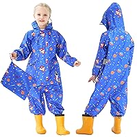 Kids Toddler Rain Suit for Boys Girls One Piece Hoodie Zipper Cartoon Waterproof Coverall Rain Jacket 1-10 Years