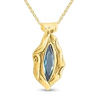 Gold Plated Sterling Silver Handcrafted Wrinkled Bezel with Blue Aquamarine Pendant Necklace Holiday Gift Jewelry Gift