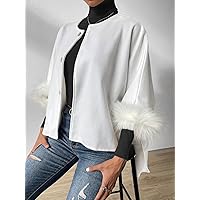 Fuzzy Cuff Batwing Sleeve Overcoat (Color : White, Size : X-Small)