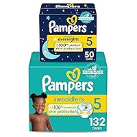 Pampers Disposable Diapers Size 5, Swaddlers One Month Supply (132 Count) + Overnight (50 Count)