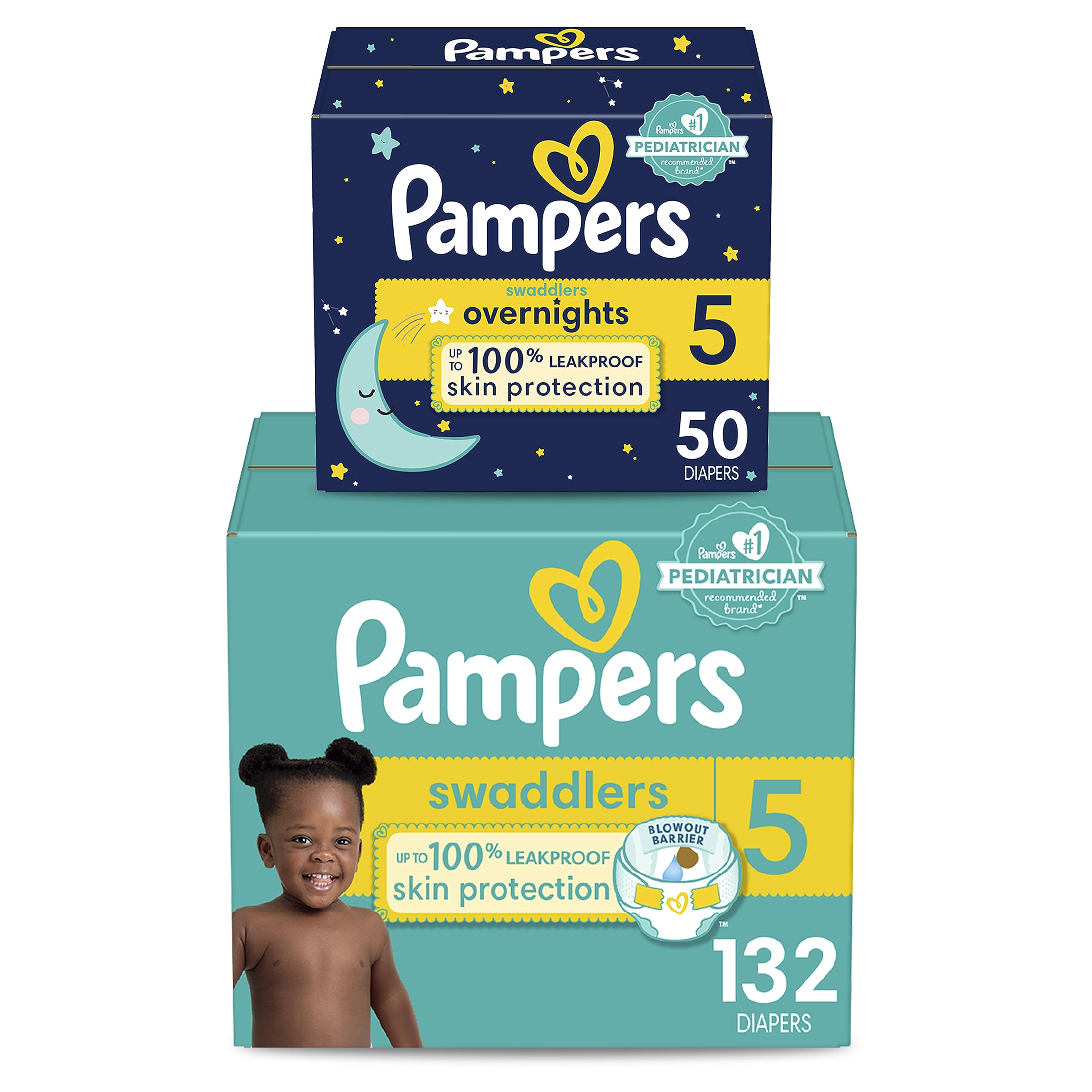Pampers Disposable Diapers Size 5, Swaddlers One Month Supply (132 Count) + Overnight (50 Count)