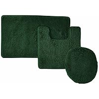 3 Piece Bathroom Set Solid Colors - Bath Mat + Contour Rug + Toilet Lid Cover- Soft Rug (Hunter Green)