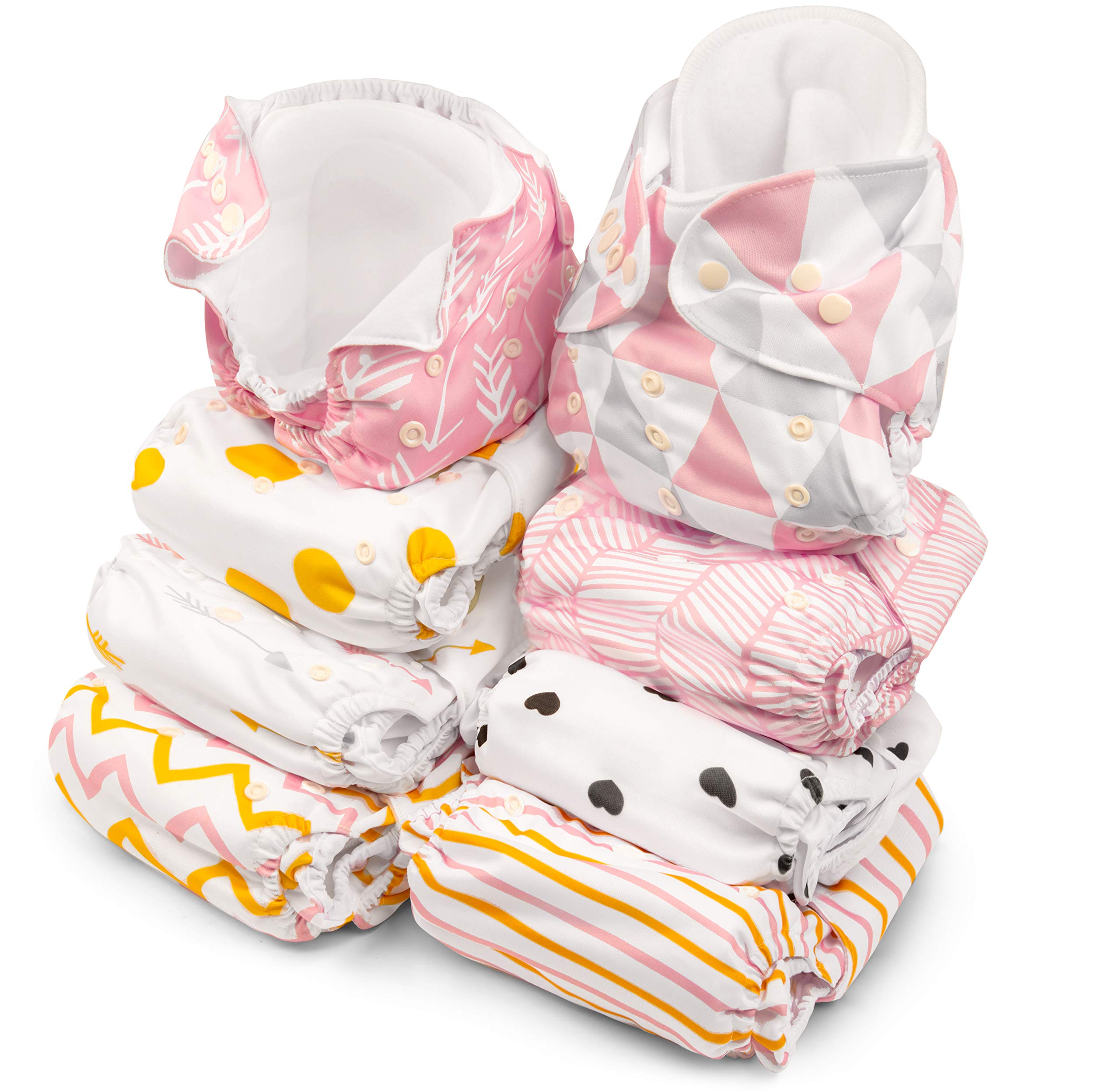 BaeBae Goods Adjustable Cloth Diapers for Boys and Girls – 8 Reusable Cloth Diapers for Babies with 8 Cloth Diaper Inserts (Pink Triangles)