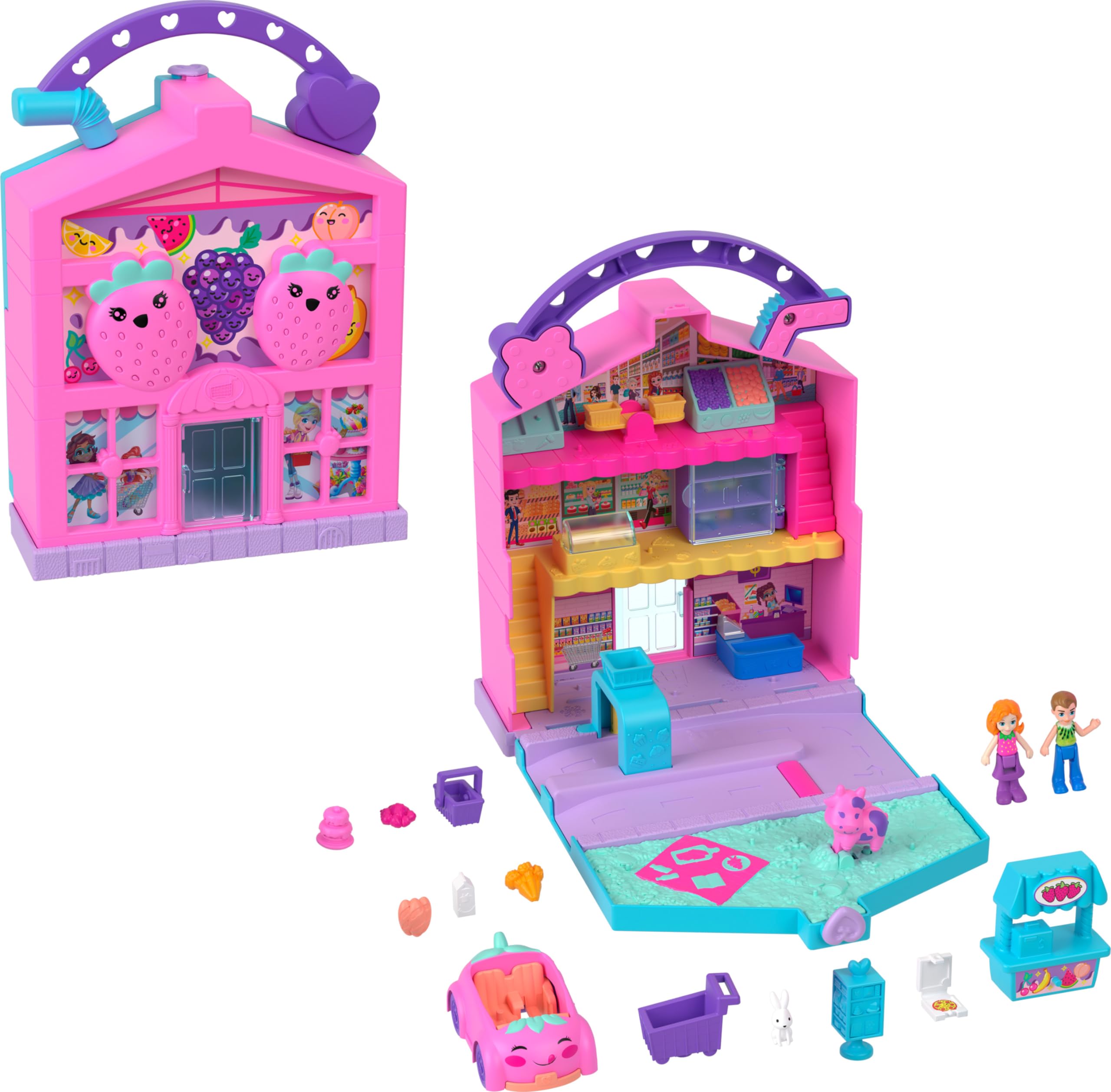 Polly Pocket Dolls & Playset, Food Toy with 2 Micro Dolls, 12 Accessories with Toy Car and Pet, Pollyville Fresh Market