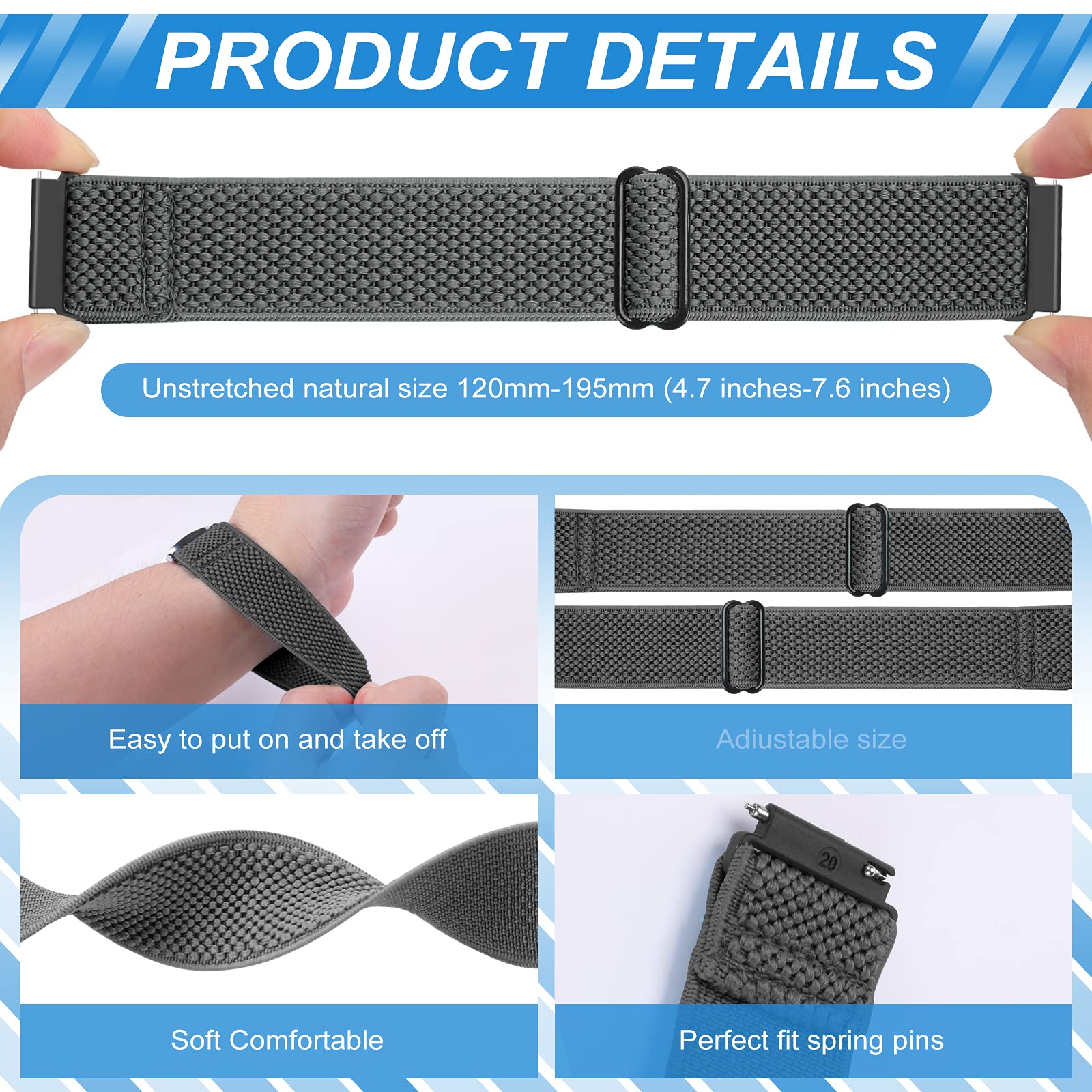 Relting Compatible with 16mm 18mm 19mm 20mm 22mm Watch Bands Quick Release Replacement Wristband,Adjustable Stretchy Nylon Solo Loop Straps Fabric Braided Sport Elastic Bands for Men Women