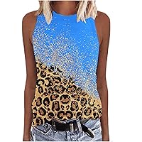 Leopard Color Block Trendy Tank Tops for Women Summer Casual Loose Fit Sleeveless Crewneck Pullover T-Shirts