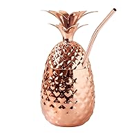 Oggi Stainless Steel Pineapple Cup with Stand & Lid- 12oz Copper Plated Metal Pineapple, Bar Accessories for Summer, Cocktail Cups Make Great Drinking Gifts