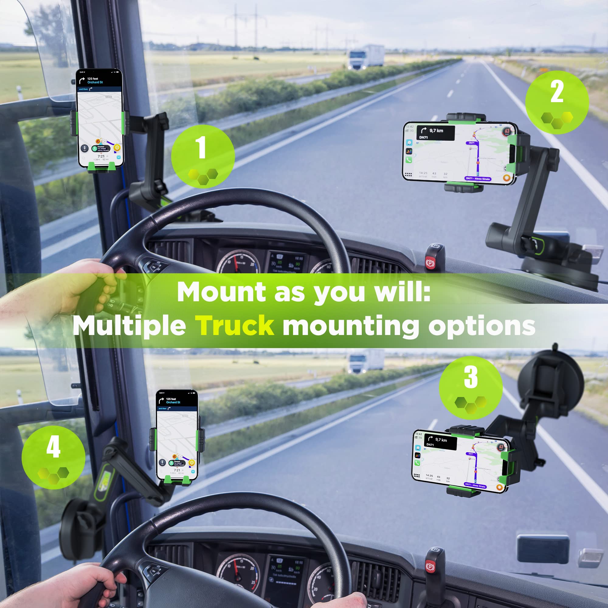 Truckules Truck Phone Holder Mount Heavy Duty Cell Phone Holder for Truck Dashboard Windshield 16.9 inch Long Arm, Super Suction Cup & Stable, Compatible with iPhone & Samsung, Green, Commercial Truck