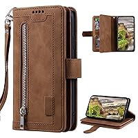 XYX Wallet Case for Samsung A25 5G, Multi-Function Flip Folio 9 Card Slots Phone Case with Zipped Pocket Wrist Strap for Galaxy A25 5G, Brown