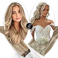Moresoo Clip in Hair Extensions Blonde Highlight 5 Pieces 70G and Sew in Hair Extensions Real Human Hair 100G Bundle 20Inch