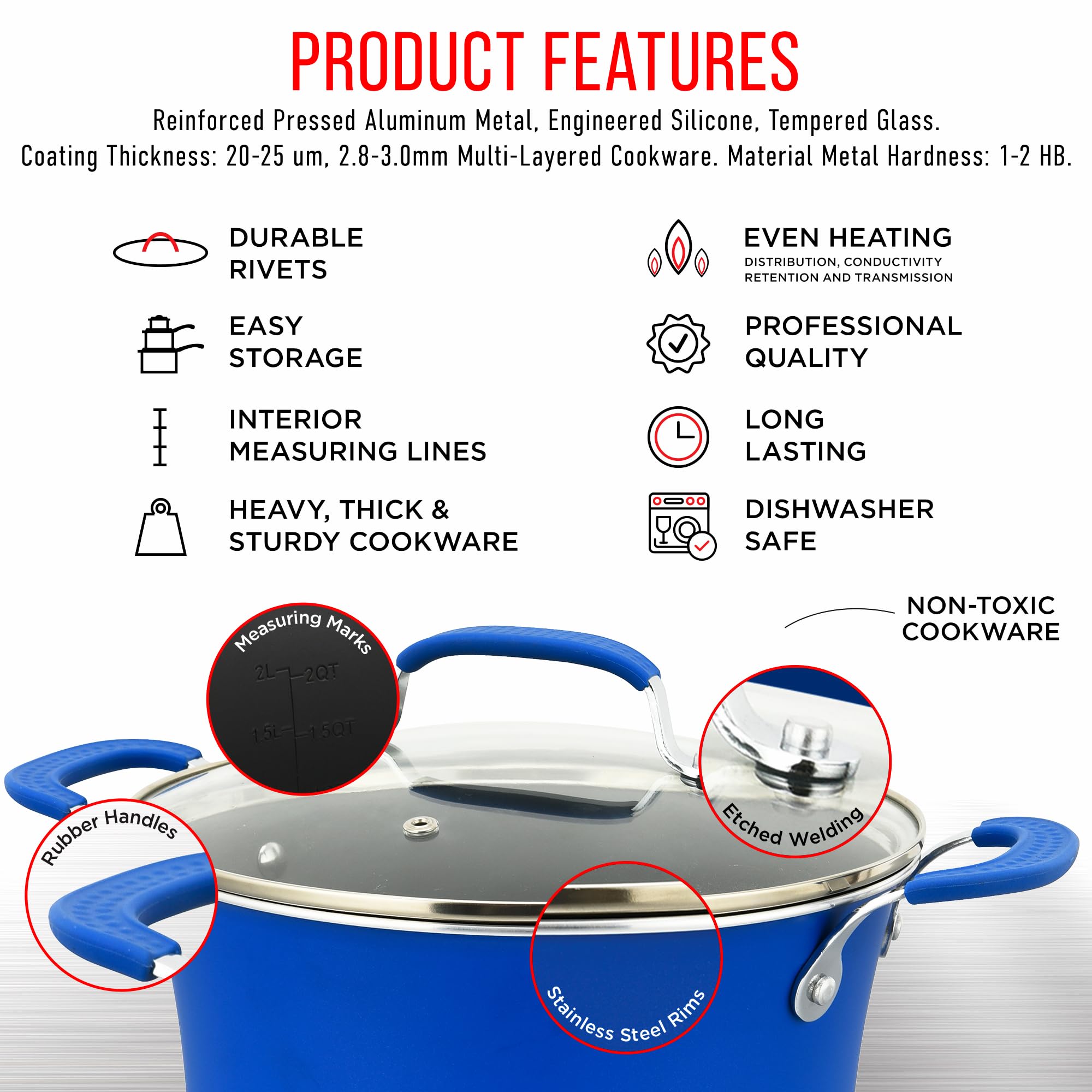 Cookware Set – 23 Piece –Blue Multi-Sized Cooking Pots with Lids, Skillet Fry Pans and Bakeware – Reinforced Pressed Aluminum Metal - Suitable for Gas, Electric, Ceramic and Induction by BAKKEN Swiss
