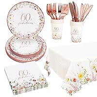 Crisky 60th Birthday Plates and Napkins 60 Fabulous Disposable Paper Tableware Set of 24 for Women 60th Birhday Decorations (Plates, Napkins, Cups, Tablecloth, Knife & Fork)