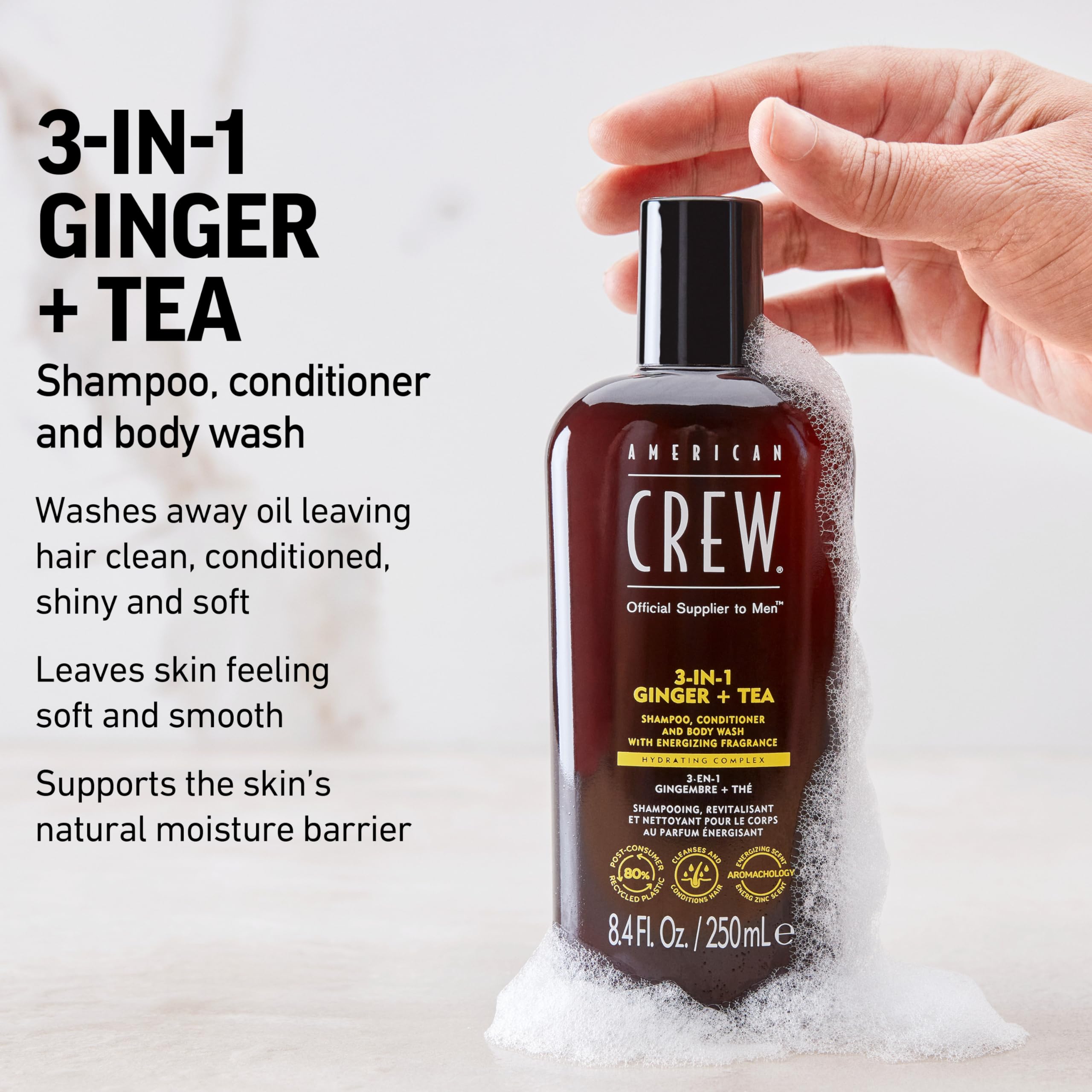American Crew 3-IN-1 GINGER + TEA Shampoo, Conditioner and Body Wash, 33.8 Fl Oz (Pack of 1)