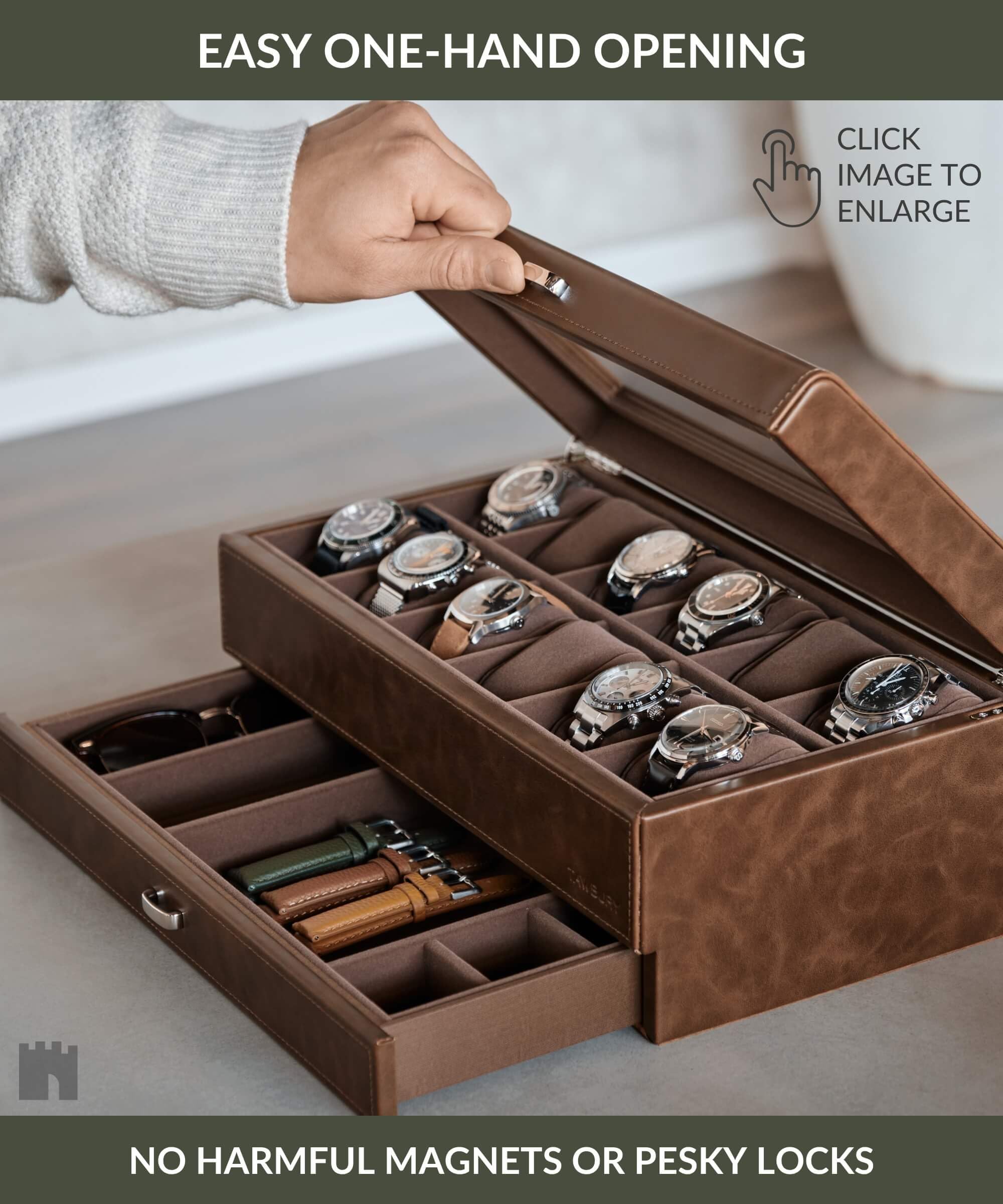 TAWBURY Bayswater 12 Slot Watch Box with Drawer (Brown) with a Set of 12 Extra-Small Pillows to Fit 5.5-6.5