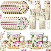 36 Sets Tea Party Decorations 6.5oz Floral Paper Tea Cups with Handle and Plates Disposable Blossom Teacups and Saucers Sets with Tape for Hot Cold Drink Birthday (Vintage Style)