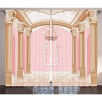 Ambesonne Cartoon Curtains, Fairytale Castle Interior of a Ballroom Magic Chandelier Ceiling Columns Kingdom Pinkish Love Print, Living Room Bedroom Window Drapes 2 Panel Set, 108