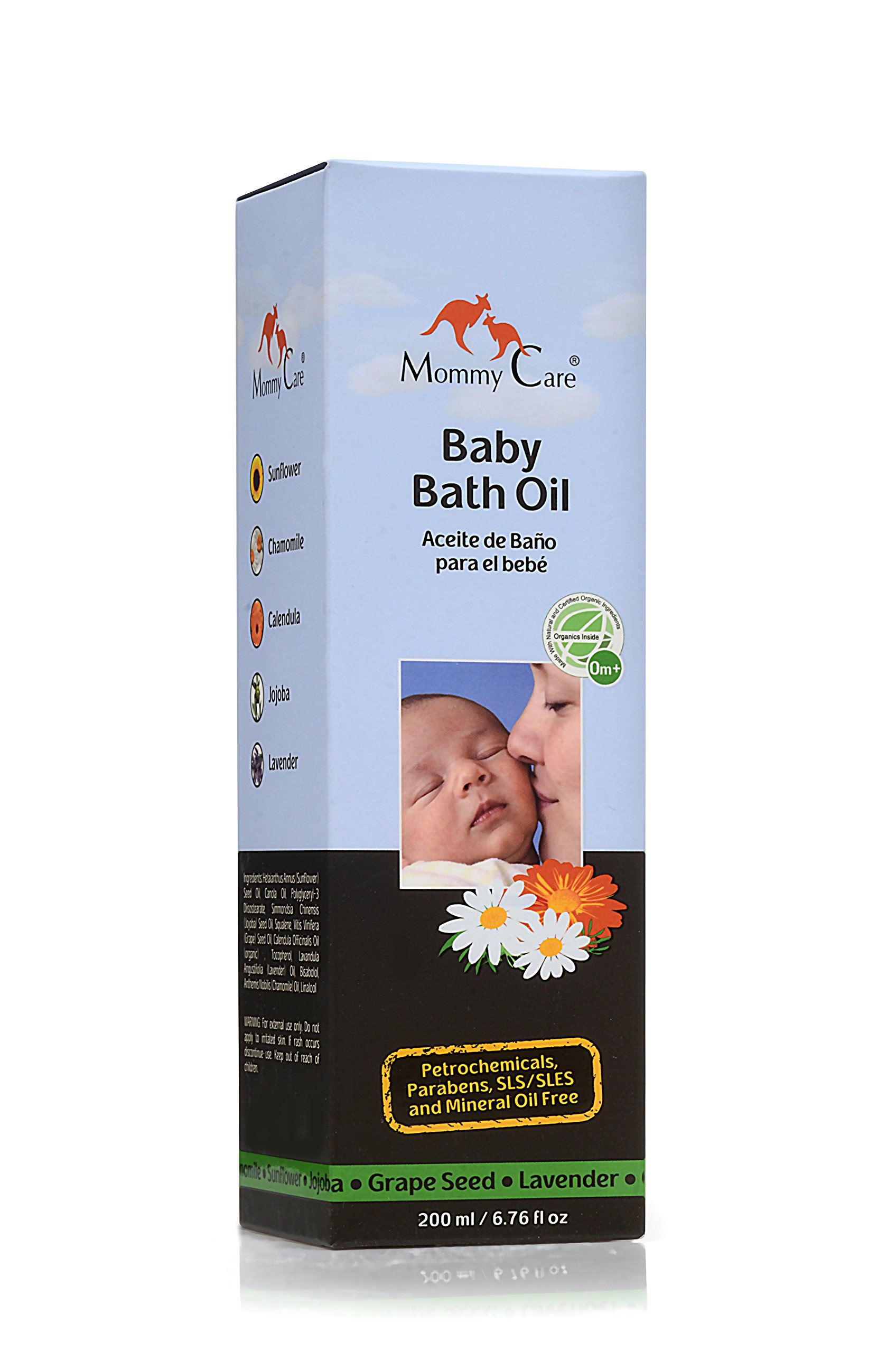 Mommy Care Organic Baby Bath Oil Pure Natural Essential Oils, Calming, Hydrating, and Nourishing Bathing Oil to Restore Your Baby’s Natural Skin Moisture. Great for Irritated or Dry Skin. 6.76 oz