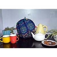 Handmade Tea Cozy, Cotton Vintage Decorative Tea Cosy, Country Style Floral Tea Cozies for Teapot Keep Warm Double Tnsulated Kettle Cover (Blue mandala with pom pom)