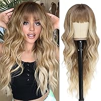 NAYOO Long Blonde Wigs with Bangs for Women Curly Wavy Hair Wigs Heat Resistant Synthetic Fiber Wigs for Daily Party Use 26 Inches (Ombre Blonde)