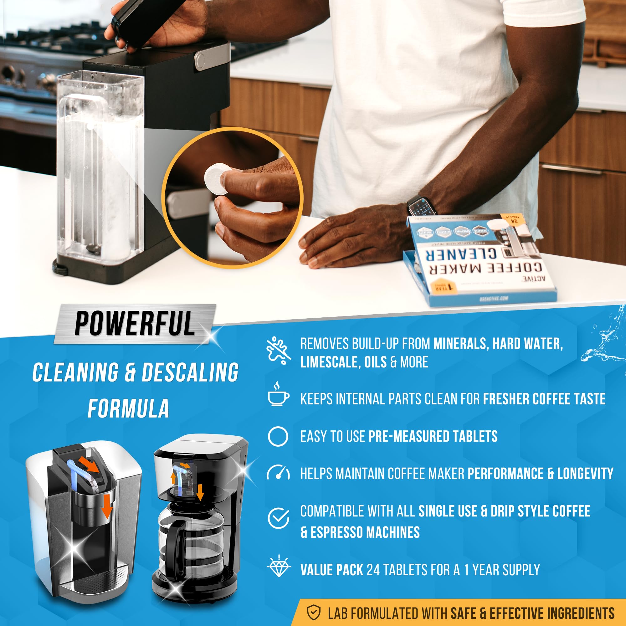 ACTIVE Coffee Maker Cleaner and Dishwasher Cleaner - Includes 24ct Coffee Maker Cleaning Tablets and 24ct Dishwasher Cleaning Tablets