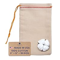 Muslin Bags - Drawstring Bags Small 50pcs - 3x5, Reusable Tea Bags, Jewelry Gift, Spice and Cotton Gift Sachet Bags - 100% Cotton - Made in USA - (Red Hem & Orange Drawstring)