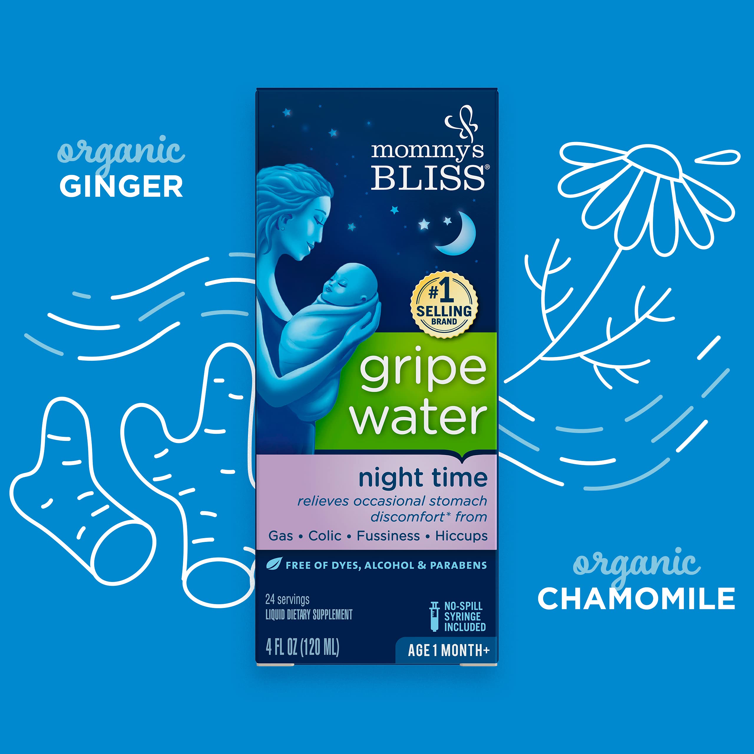 Mommy's Bliss Gripe Water Night Time, Infant Gas & Colic Relief, Gentle & Safe, 4 Weeks+, 4 FL OZ Bottle (Pack of 1)
