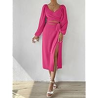 Women's Dress Dresses for Women Lantern Sleeve Cut Out Tie Back Split Thigh Dress Dresses for Women (Color : Hot Pink, Size : Small)