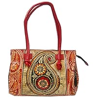Crafts of India Paisley Batik Design Genuine 100% Pure Leather Shantiniketan Shoulder Bag Indian Tote