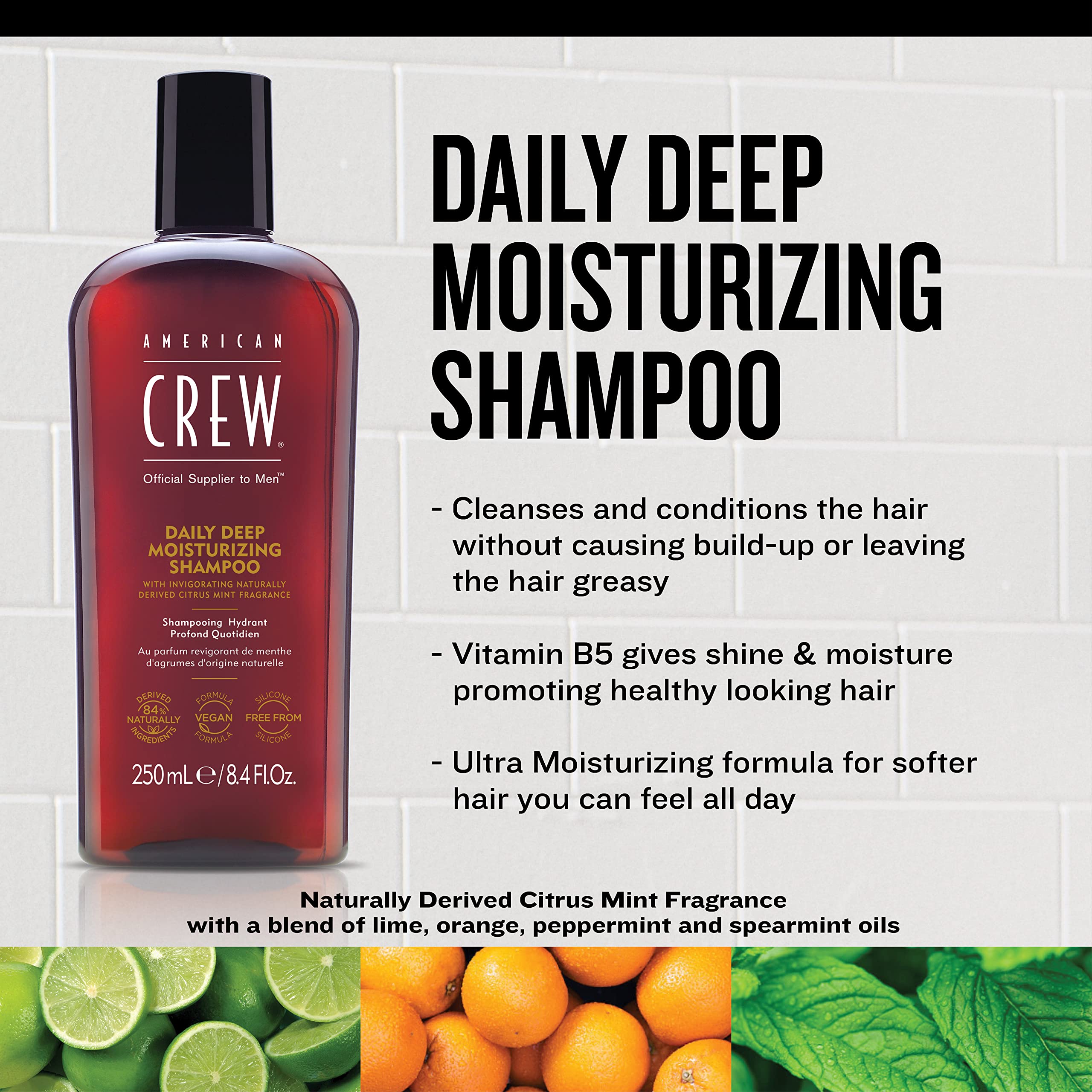 Shampoo for Men by American Crew, Daily Deep Moisturizer, Naturally Derived, Vegan Formula, Citrus Mint Fragrance, 15.2 Fl Oz