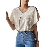 T-Shirt for Women Solid V Neck Tee Women's Casual Short Sleeve Batwing Sleeve Eyelet Embroidery T-Shirt T-Shirt for Women