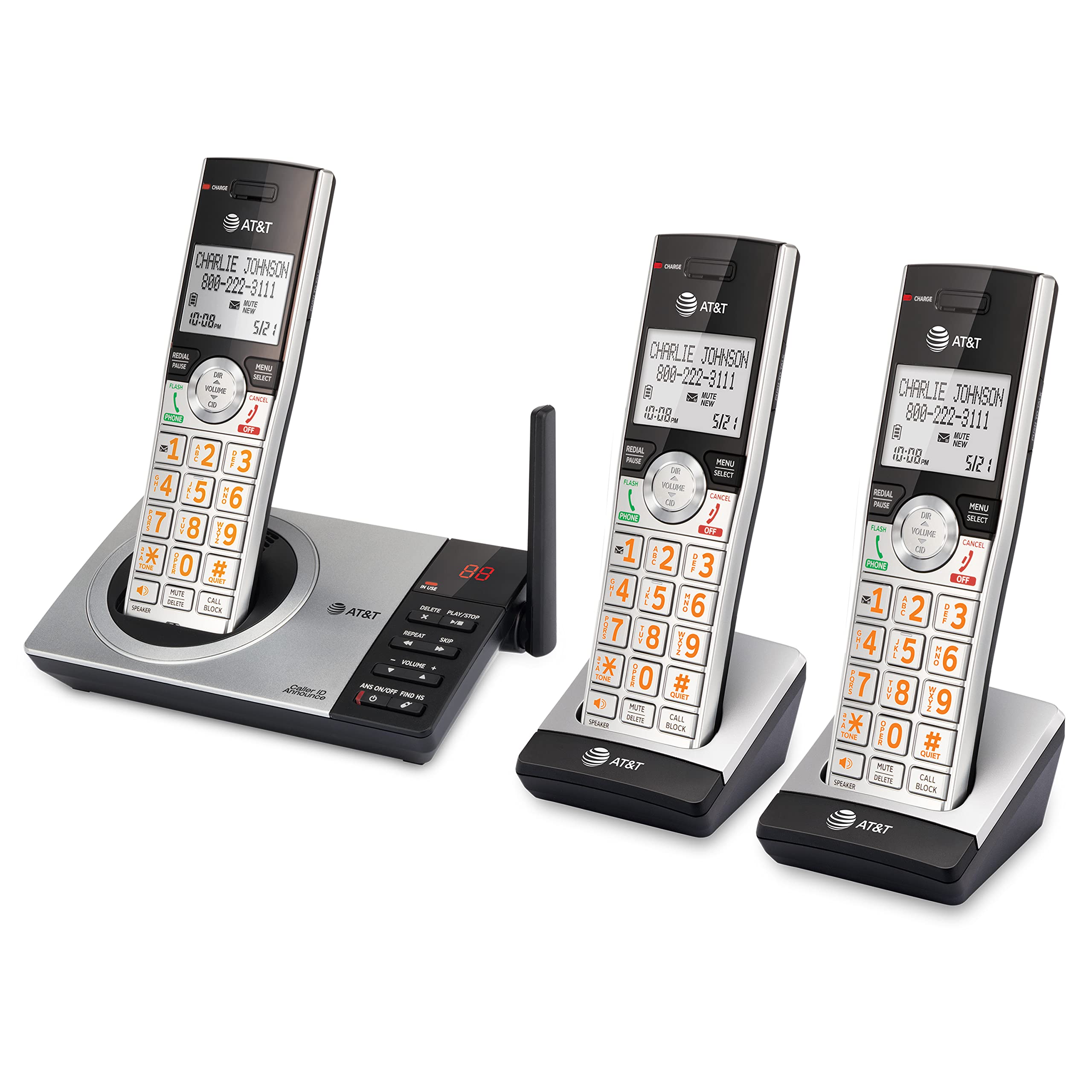 AT&T DECT 6.0 Expandable Cordless Phone with Answering System, Silver/Black with 3 Handsets