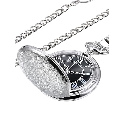 Hicarer Quartz Pocket Watch for Men with Black Dial and Chain Vintage Roman Numerals Christmas Gifts Birthday