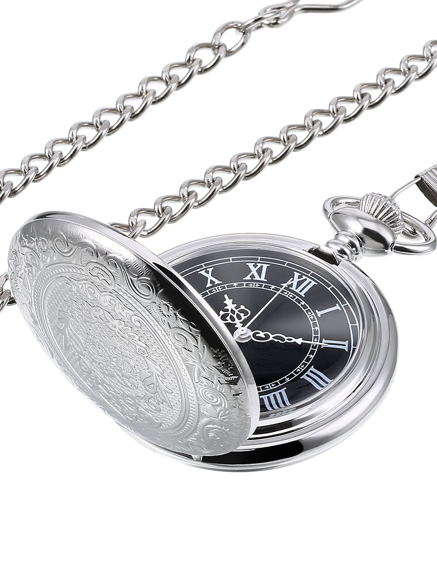 Hicarer Quartz Pocket Watch for Men with Black Dial and Chain Vintage Roman Numerals Christmas Gifts Birthday