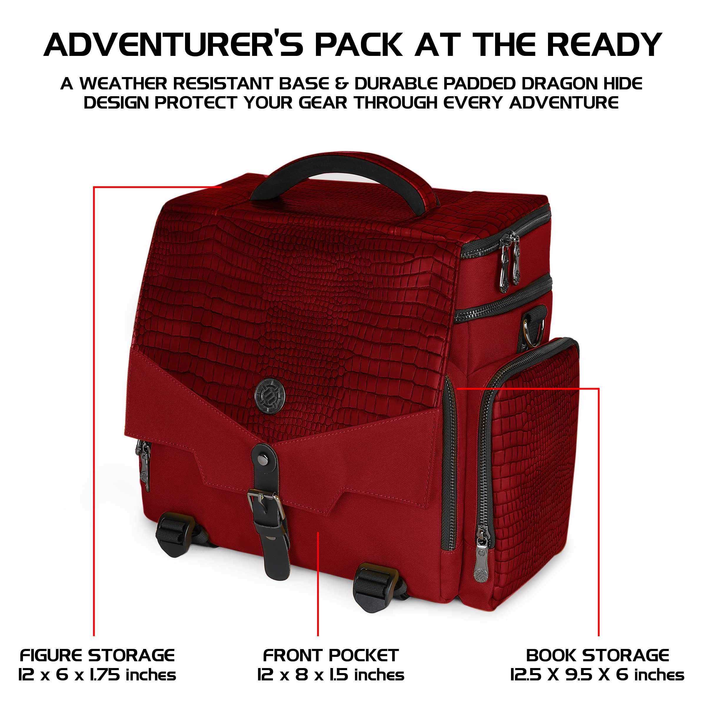 ENHANCE Collector's Edition RPG Adventurer's DND Bag - Dragon Hide Exterior Travel RPG Bag with Tabletop Miniatures Storage Vault, Mat Holder, DND Dice & Token Pockets, Fits 4-8 Books (Dragon Red)