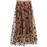 Women Tulle Skirts Layered Tutu Skirt Midi Length Elastic High Waist A Line Skirt