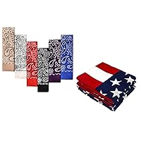 Gift Packaging 6-Pack Assorted Color Bandanas Bundle with 3-Pack American Flag Bandanas - 100% Cotton, 22inches