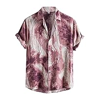 Hawaiian Bowling Shirts for Men Cotton Linen Button Down Shirts Short Sleeve Color Block Relaxed Fit Dress Shirts