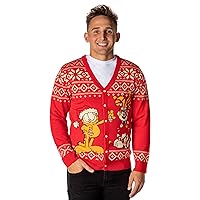 Garfield Men's Odie and Garfield Christmas Ugly Sweater Button-Up Knit Cardigan