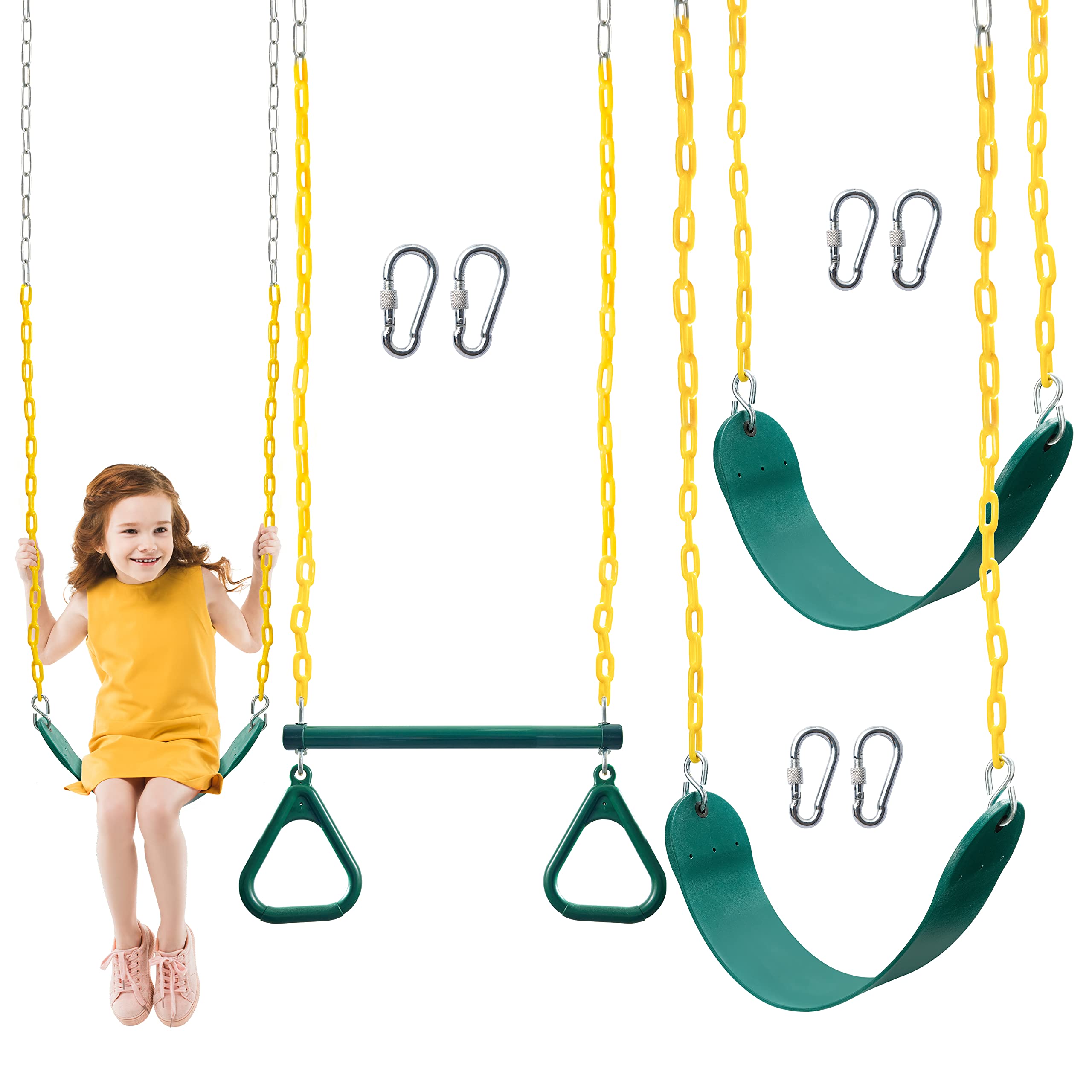 TURFEE 3 Pack Assorted Swing Set, Including 1 Gym Rings Trapeze Swing Bar and 2 Pcs Swings with Plastic Coated Chain, Swing Set Accessories Replacement for Kids Outdoor Play, Playground- Green