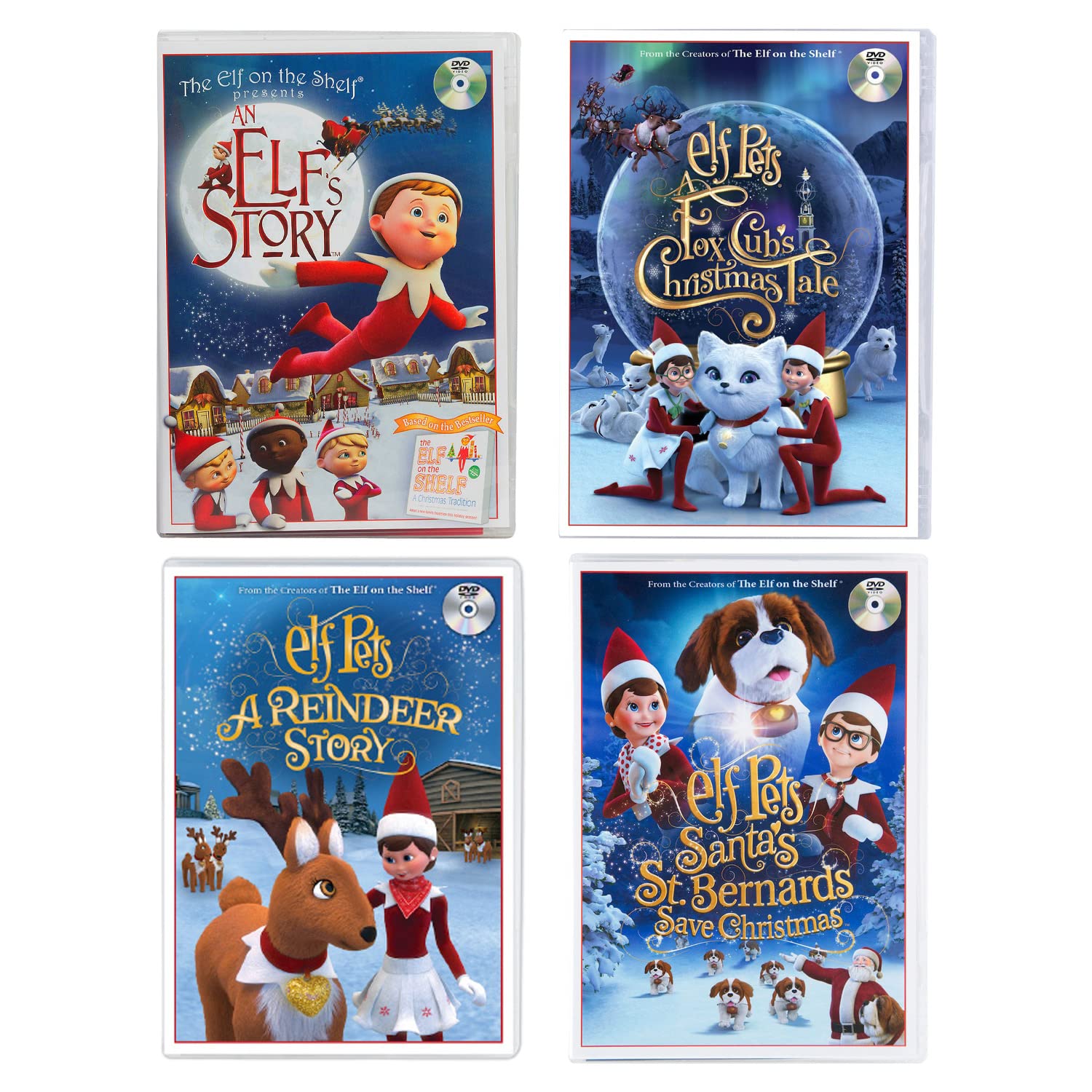 The Elf on the Shelf Animated DVD Movie Complete Pack: Santa's Reindeer Rescue, Santa's St. Bernards Save Christmas, A Fox Cub's Tale, an Elf's Story & Joy Bag