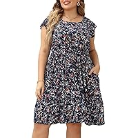 Keluummi Plus Size Dresses for Curvy Women, Summer Casual Boho Floral Tiered Midi Dress with Pocket and Flutter Sleeve