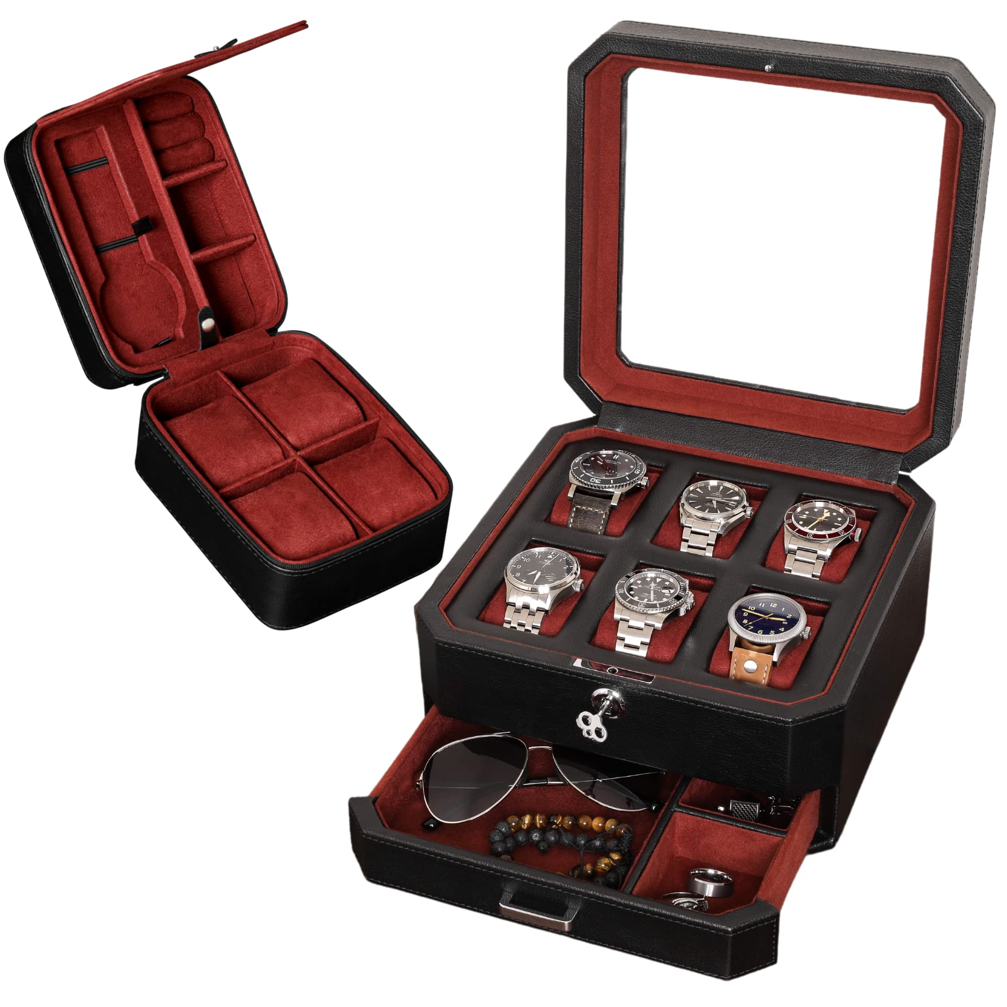 ROTHWELL Gift Set 6 Slot Leather Watch Box & Matching 5 Watch Travel Case - Luxury Watch Case Display Organizer, Locking Mens Jewelry Watches Holder, Men's Storage Boxes Glass Top Black/Red