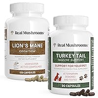 Real Mushrooms Lions Mane for Humans (120ct) & Turkey Tail for Pets (90ct) - Bundle for Cognition and Immunity - Vegan, Non-GMO, Grain-Free, Gluten-Free Mushroom Extract Capsules