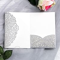 YIMIL 20 Pcs 5.12 x 7.21 inch Tri-fold Laser Cut Wedding Invitation Pocket for Wedding Quinceanera Bridal Shower Baby Shower Party Invite (Silver Glitter)