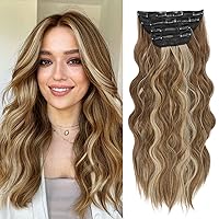 Clip in Hair Extensions, 20 Inch Caramel Brown Mixed Honey Blonde Hair Extensions for Women 4PCS Long Wavy Hair Extensions Clip Ins Synthetic Fiber Curly Clip in Hair Extensions for Daily Party Use