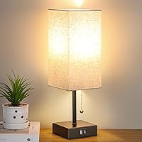 GGOYING Bedside Table Lamp, Pull Chain Bedroom Lamp with USB C+A Charging Ports, 2700K LED Bulb, Linen Lampshade, Nightstand Lamp for Living Room Bedroom Office